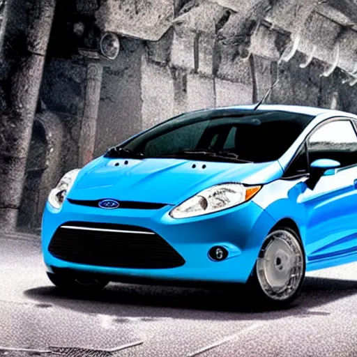 Prompt: a blue 2013 ford fiesta in the movie Cars