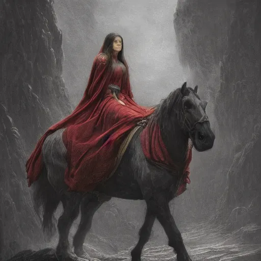 Image similar to a masterpiece! photographic portrait of a a cloaked woman riding the back of a scarlet - colored beast!! with seven heads!! and ten horns!! by gustave dore and sam spratt and allen williams, trending on artstation, cgsociety, 8 k hd, earthtone colors,