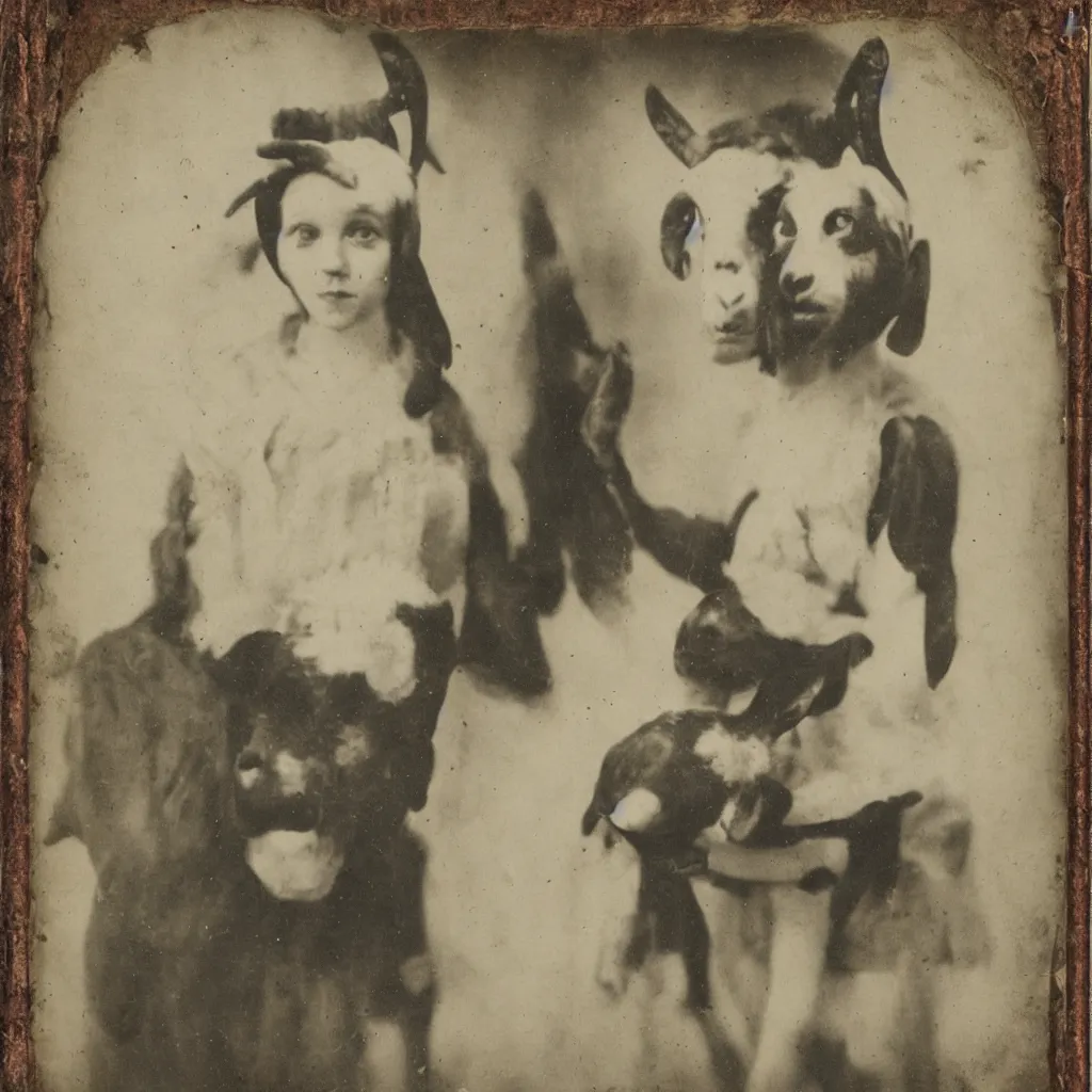 Prompt: tintype of a girl with a goat mask