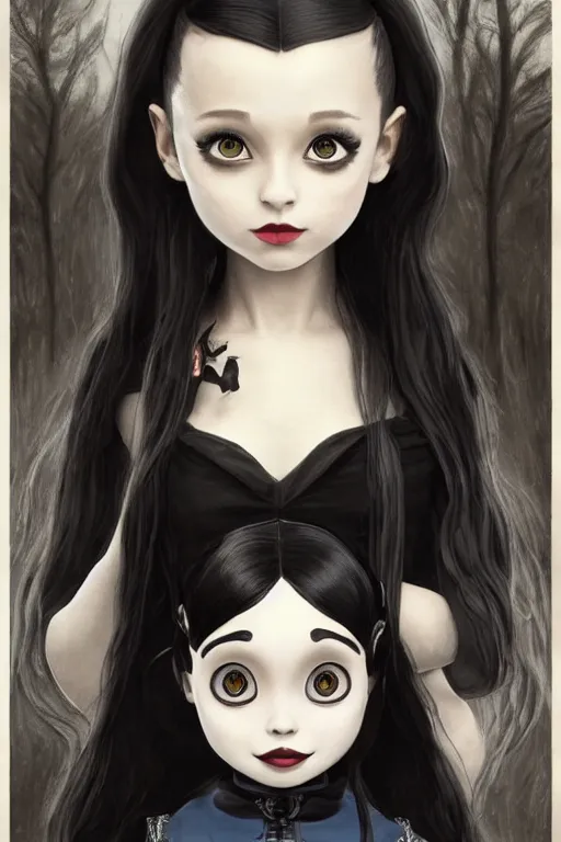 Image similar to beautiful cottagecore Ariana Grande as Wednesday Addams holding a Coraline doll, Black Hair, Goth, gothic, castlevania, intricate, elegant, highly detailed, digital painting, artstation, concept art, smooth, sharp, focus, illustration, art by artgerm and greg rutkowski and alphonse mucha