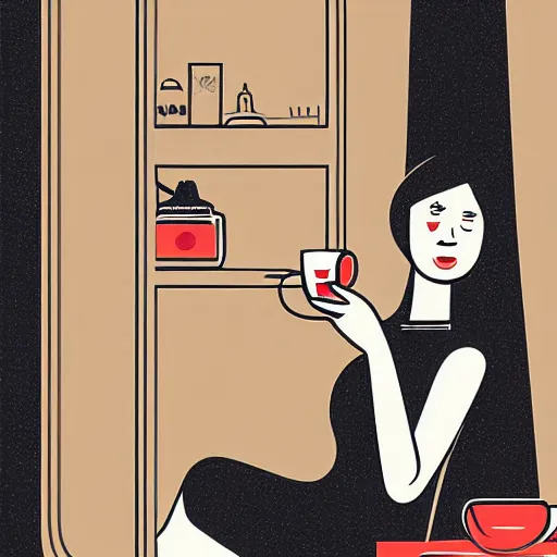 Prompt: illustration a parisian girl drink a coffee, by malika favre