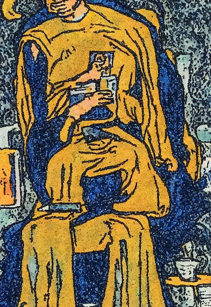 Prompt: Yann LeCun sitting on the throne on a tarot card, illustrated on the Rider–Waite tarot.