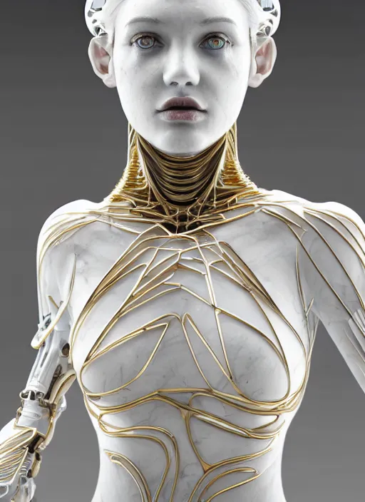 Image similar to a statue made of white marble with gold veins, of an beautiful gorgeous futuristic cybernetic angel girl, prostheses, transhumanism, full body shot, perfect symmetrical body, perfect symmetrical face, hyper realistic, hyper detailed, by johannen voss, by peter kemp, by monia merlo, by michelangelo, octane render, blender, 8 k