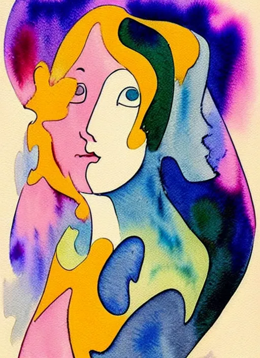 Prompt: vintage 7 0 s anime watercolor by jean arp, a portrait of a lady with colorful face - paint enshrouded in an impressionist watercolor, representation of mystic crystalline rift fractals in the background by william holman hunt, art by cicley mary barker, thick impressionist watercolor brush strokes, portrait painting by daniel garber, minimalist simple pen and watercolor