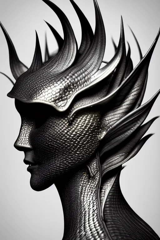 Image similar to bw close - up profile face, black background, beautiful young porcelain vegetal - dragon - cyborg - female, 1 5 0 mm, beautiful natural soft rim light, silver gold details, magnolia leaves and stems, roots, mandelbot fractal, elegant, ultra detailed, white metallic armour, octane render, h. r. giger style