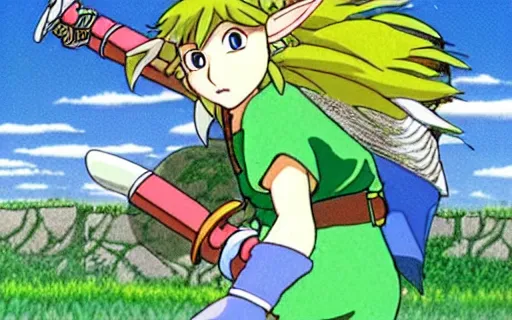 Image similar to full - color cinematic movie still from a 1 9 8 0 s studio ghibli anime featuring link with a fairy in the hyrule overworld fighting against an octorok and a moblin. legend of zelda anime.