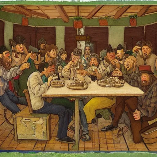 Image similar to monumental, chaotic by mark briscoe. a beautiful street art of a group of people gathered around a table in a tavern. they are all eating & drinking, & appear to be enjoying themselves.