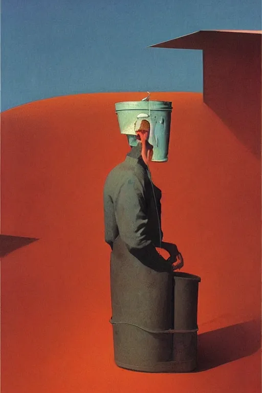 Prompt: a man wearing a trash bin through her head Edward Hopper and James Gilleard, Zdzislaw Beksinski highly detailed