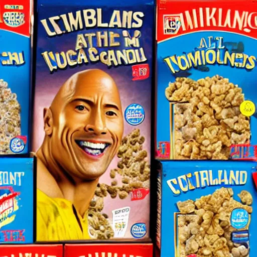 Image similar to dwayne the rock johnson breakfast cereal boxes on store shelf