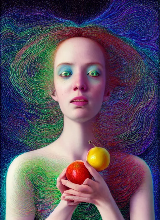 Image similar to hyper detailed 3d render like a Oil painting - Aurora (Singer) Eats of the Strangling Fruit and Her delicate Hands hold of gossamer polyp celium blossoms bring iridescent fungal flowers whose spores black the foolish stars by Jacek Yerka, Mariusz Lewandowski, Houdini algorithmic generative render, Abstract brush strokes, Masterpiece, Edward Hopper and James Gilleard, Zdzislaw Beksinski, Mark Ryden, Wolfgang Lettl, hints of Yayoi Kasuma, octane render, unreal engine 5 render, 8k