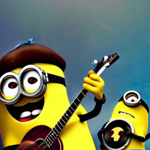 Prompt: super cute minion playing an electric guitar at a huge concert, the minion is in ecstasis, movie still