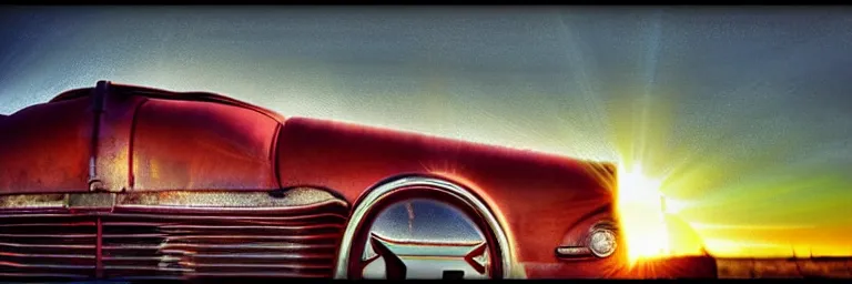 Image similar to a sunset light landscape with historical route 6 6, lots of sparkling details and sun ray ’ s, blinding backlight, smoke, volumetric lighting, colorful, octane, 3 5 mm, abandoned gas station, old rusty pickup - truck, beautiful epic colored reflections, very colorful heavenly, softlight