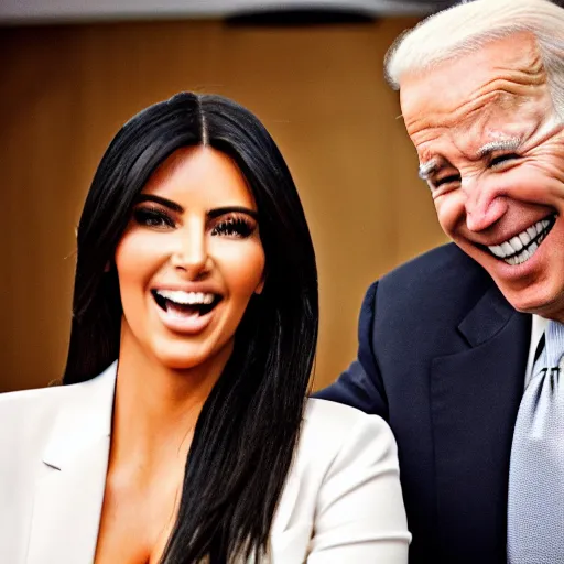 Image similar to stock photo of kim kardashian, and joe biden wearing suits and ties laughing in an office building, 8k resolution, full HD, cinematic lighting, award winning, anatomically correct