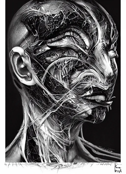 Prompt: a dream portrait of a anthropomorphic fisj, black & white, melting, webbing, 8 k, by tristan eaton, stanley artgerm, tom bagshaw, greg rutkowski, carne griffiths, ayami kojima, beksinski, giger, trending on deviantart, face enhance, hyper detailed, minimalist, horror, alien