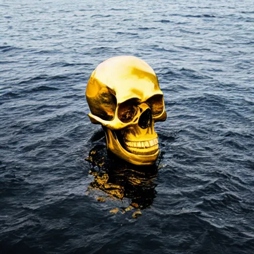 Image similar to a golden skull floating in the sea