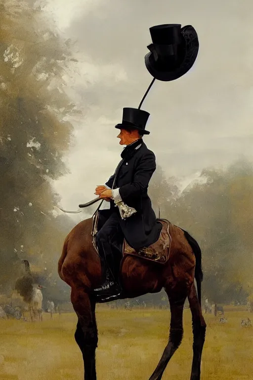 Image similar to portrait of a respectable dignified royal business elite politician wearing a top hat and coat tails riding on an ostrich, art by anders zorn, wonderful masterpiece by greg rutkowski, beautiful cinematic light, american romanticism by greg manchess, jessica rossier