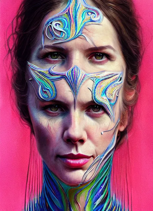 Prompt: portrait of catriona balfe as a long - neck woman with neck rings, hyper detailed ultra sharp trending on artstation, warpaint aesthetic, colorful, psychedelic, ornate, intricate, digital painting, concept art, smooth, sharp focus, illustration, art by artgerm and greg rutkowski and h. r. giger, 8 k