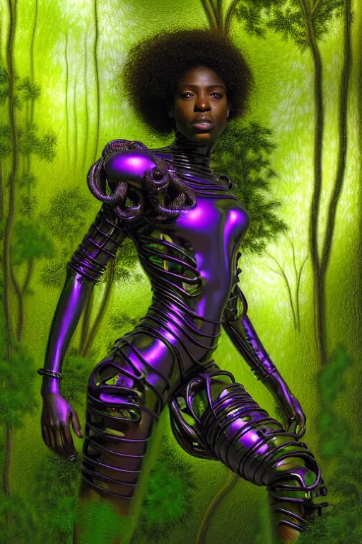 Image similar to hyperrealistic post - raphaelite super expressive! black woman with exoskeleton armor, merging with tree in a forest, highly detailed digital art masterpiece smooth cam de leon eric zener dramatic pearlescent soft green purple light ground angle hd 8 k sharp focus