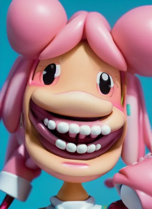 Prompt: a hyperrealistic Kotobukiya oil panting of a looney kawaii vocaloid figurine caricature with a big dumb goofy grin and pretty sparkling anime eyes featured on Wallace and Gromit by john kricfalusi