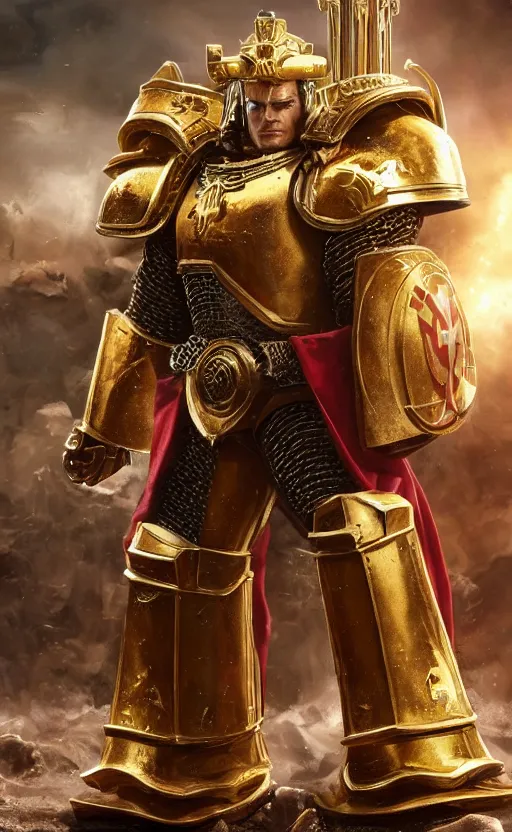 Image similar to Henry Cavill as warhammer 40k Emperor of Mankind dressed in his golden power armor. full-length portrait, beautiful face, long hair, painted by Donato Giancarlo and Annie Liebowitz, fine details, cinematic, highly detailed, octane render