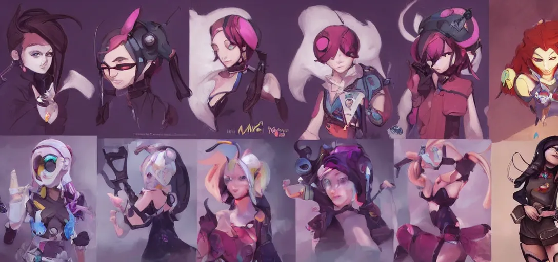 Prompt: concept art of egirl female video game characters head designs, wild, pastels, disgaea, flcl, overwatch, by marc brunet and artgerm