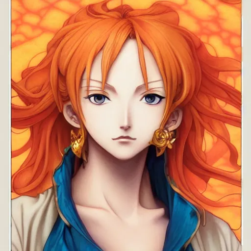 Image similar to intricately detailed vfx portrait of nami from one piece by eiichiro oda, makoto shinkai, alphonse mucha, art by artgerm and greg rutkowski, best of behance, concept art, matte, sharp focus, orange hair, elegant, adolphe bouguereau, annie leibovitz, stanley kubrick, thick outlines,