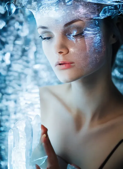 Image similar to beautiful girl with translucent skin heart made of ice glowing from beneath the skin, Oregon's glowing, professional photography, science fiction, biblical