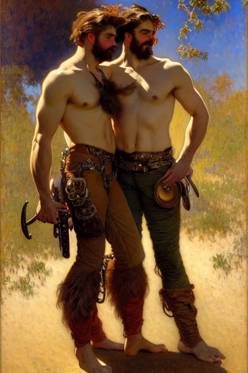 Prompt: a homoerotic painting by gaston bussiere, craig mullins, alphonse mucha, j. c. leyendecker, edward bierstadt | two attractive hairy gunslingers in love standing back to back | bandoliers, shirtless, leather clothing | natural lighting, path traced, highly detailed, high quality, digital painting, trending on artstation