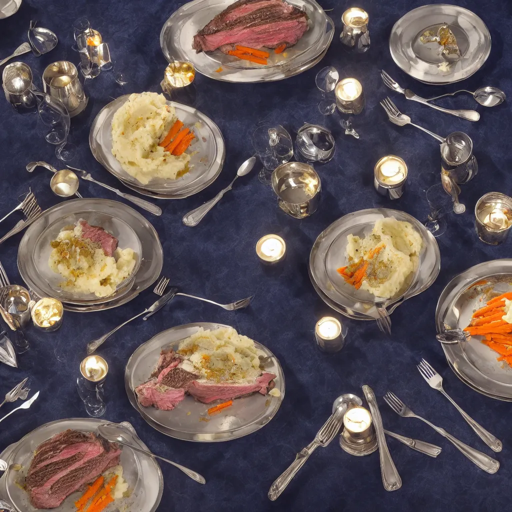 Prompt: product shot of a five - star dinner with prime rib, asparagus, mashed potatoes and gravy, and steamed carrots with blue table cloth and lit candles in ornate silver candlesticks, ultra - realistic, photo realism, professional photograph, extreme detail, deep focus, laser sharp, volumetric lighting, atmospheric, five - star, luxury, elite