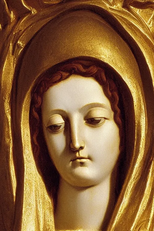 Image similar to Virgin Mary, suffering face, closeup, ultra detailed, made in gold, Guido Reni style