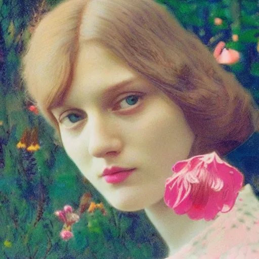 Image similar to a lot of flowers morphing in a beautiful girls face, film still by wes anderson, depicted by balthus, limited color palette, very intricate, art nouveau, highly detailed, lights by hopper, soft pastel colors, minimalist