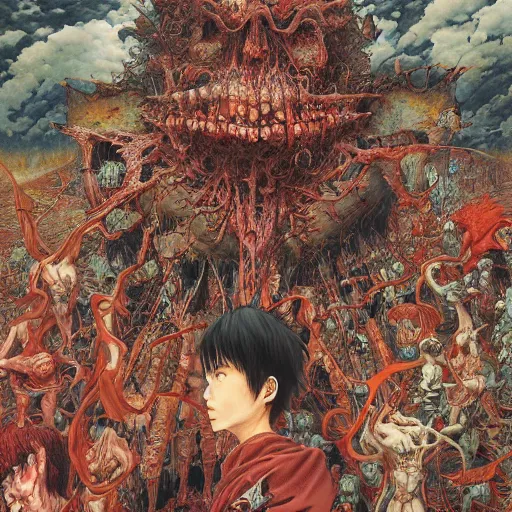 Image similar to realistic detailed image of a epic anime battle, Shintaro Kago, Kentaro Miura, Neo-Gothic, grotesque, rich deep colors. Beksinski painting, part by Adrian Ghenie and Gerhard Richter. art by Takato Yamamoto. masterpiece