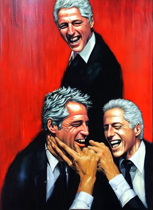 Prompt: 'jeffrey epstein and bill clinton drunk, laughing, flailing, squeezing, gripping, painting by phil hale, 'action lines'!!!, graphic style, visible brushstrokes, motion blur, blurry