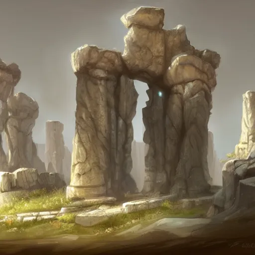 Image similar to concept art by tyler edlin of a small, white marble cliff in a meditereanian landscape, with stone henge on top