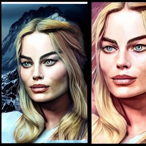 Image similar to face morph tattoo design of margot robbie with beautiful mountain scenery, in the style of chris mataafa, amazing detail