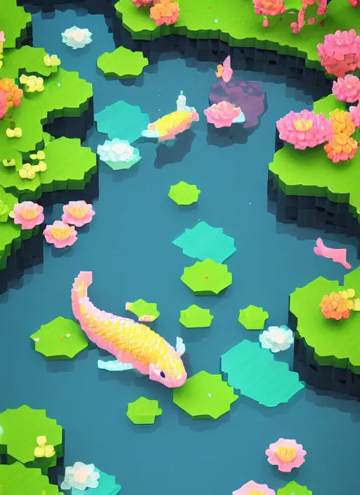 Image similar to sparkling pastel cute voxel art of a koi pond, behance, artstation, cute, Japanese, 3d render, unity, beautiful lighting, extremely beautiful, very beautiful award winning art Huang Guangjian and Gil Elvgren and Sachin Teng , Greg Manchess