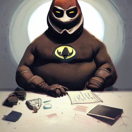 Image similar to a insanely detailed painting of a fat masked superhero wearing a costume sitting at a desk, staring at the nervously at the computer typing, in the style of peter mohrbacher, dramatic lighting and composition, trending on artstation, concept art, comic book