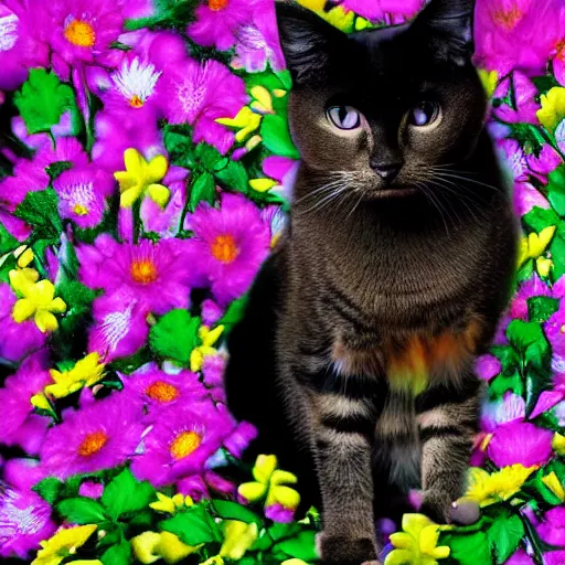 Prompt: x - ray of a cat surrounded by flowers. glowing