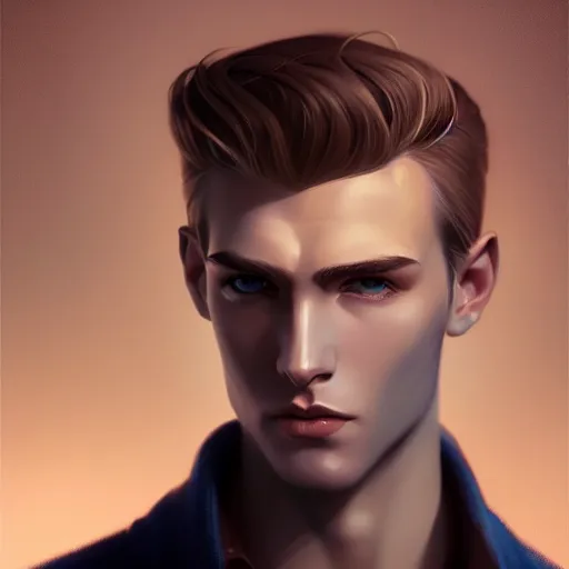 Image similar to tall man in his twenties with brown blond short quiff hair and round facial structure with cleft chin, straight eyebrows, cheekbones, lightly blue eyes, wide face, shadow of beard, atmospheric lighting, painted, intricate, 4 k, highly detailed by charlie bowater