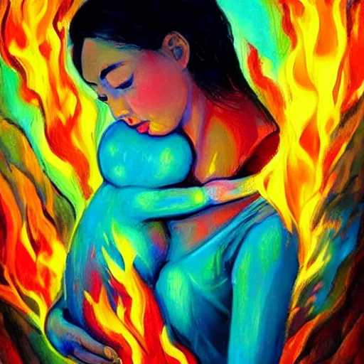 Image similar to beautiful woman cradling her child made of colorful fire by stanley lau, elegant, colorful, loving