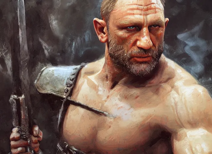 Prompt: a highly detailed beautiful portrait of daniel craig kratos hybrid god of war, by gregory manchess, james gurney, james jean, octane, fantasy