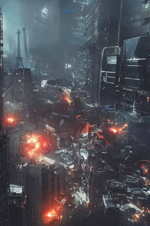 Image similar to paris cyberpunk attacked by aliens, lots of explosions and destroyed building, realistic, high definition, many details, dramatic scene, detailed and realistic hands, symmetrical face, realistic eyes, art of unreal engine 5