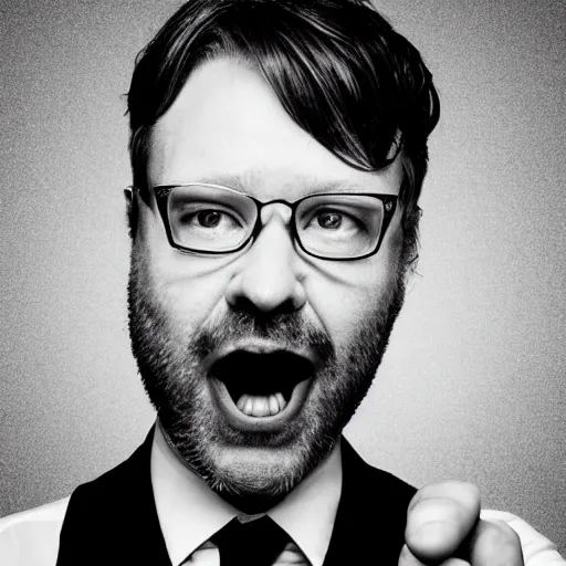 Prompt: a black and white photo of a man with his mouth open, a stock photo by john e. berninger, featured on dribble, cynical realism, criterion collection, stock photo, wimmelbilder