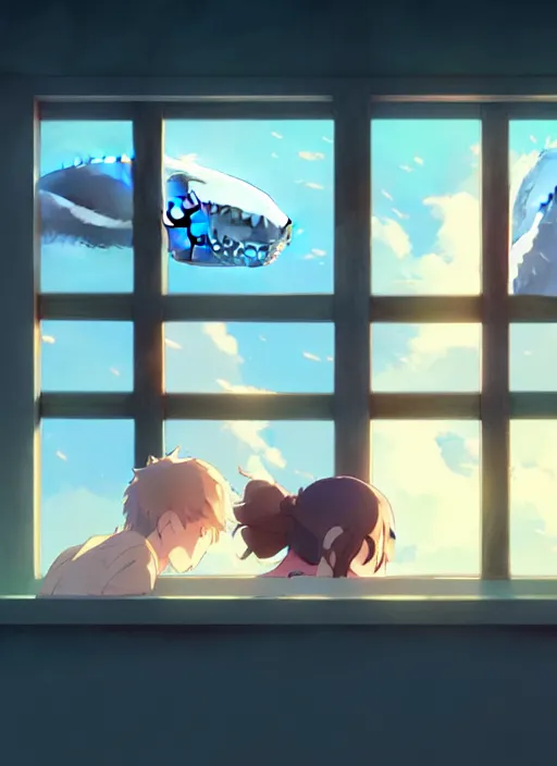 Image similar to boy and girl watching outside from a window, big whales on are on the the sky, illustration concept art anime key visual trending pixiv fanbox by wlop and greg rutkowski and makoto shinkai and studio ghibli