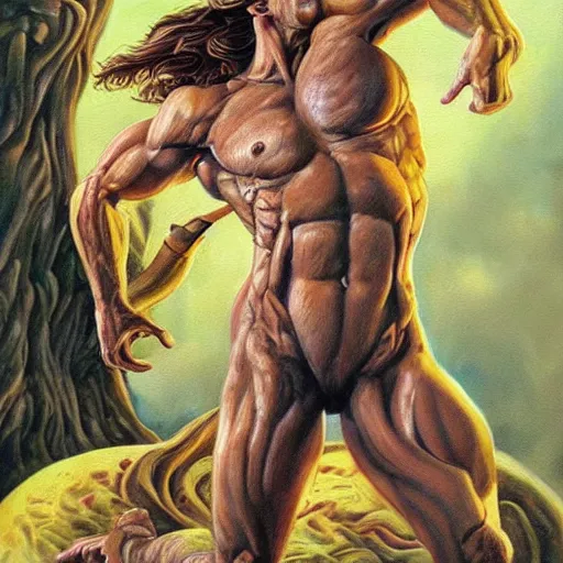 Image similar to beautiful lifelike painting of a centaur centaur centaur chimera tom cruise torso, majestic cinematic, hyperreal detailed facial features and uv lighting, art by ed roth and basil wolverton