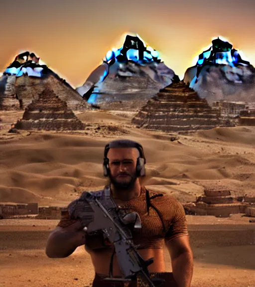 Image similar to a beefy man with a machine gun, egyptian pyramid in the background, 4 k, sharp focus, illustration, highly detailed, cinematic, photorealistic, cyberpunk