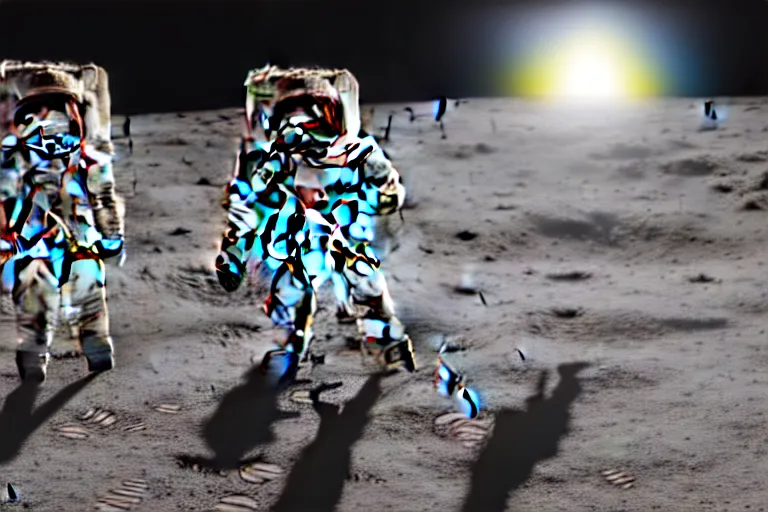 Image similar to still photo of astronaut in a space suit walking on the surface of moon, highly detailed, photorealistic portrait, bright studio setting, studio lighting, crisp quality and light reflections, unreal engine 5 quality render