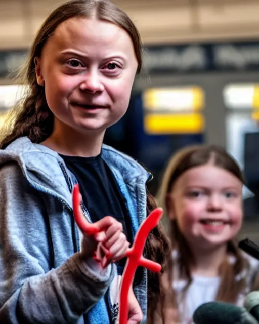 Prompt: film still close - up shot of greta thunberg giving a speech in a train station eating raw meat smiling its. photographic, photography