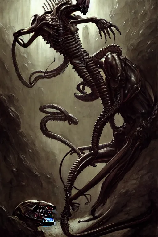 Prompt: xenomorph and david | esoteric symbolism | jean - baptiste monge, esao andrews, bastien lecouffe - deharme, tim jacobus, ken currie | ultra - detailed realism, soft cinematic lighting, hi - fructose, artstation, high - quality, ink watercolors wes anderson poster art