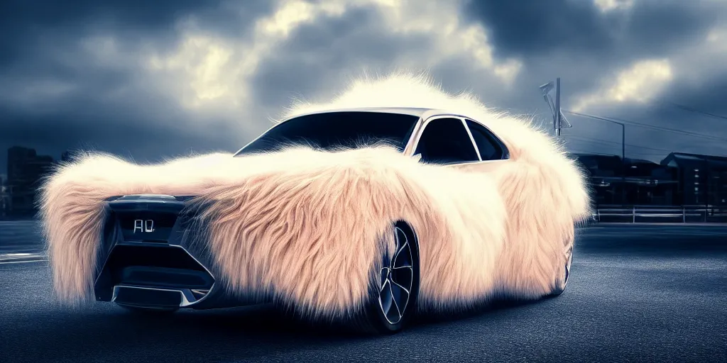 Prompt: A car with fluffy fur, futureistic, natural light, Cinematic level shot, dynamic pose, award winning photograph, photorealism, beautiful lighting, sharp, details, hyper-detailed, HDR, 8K